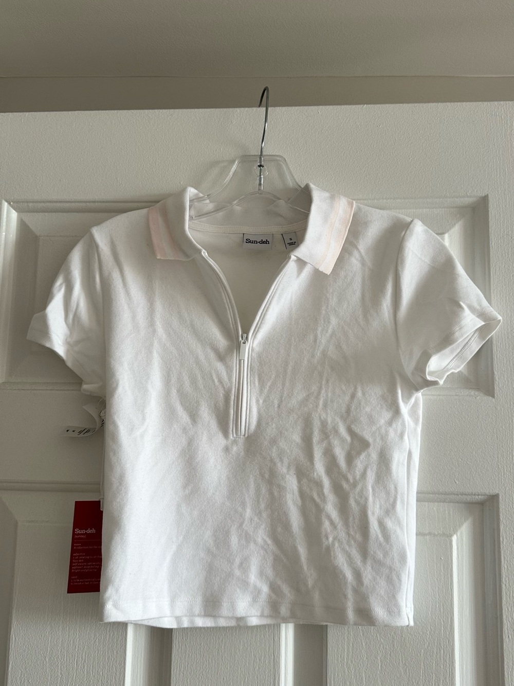 White Polo Zip Front Short Sleeve Top
